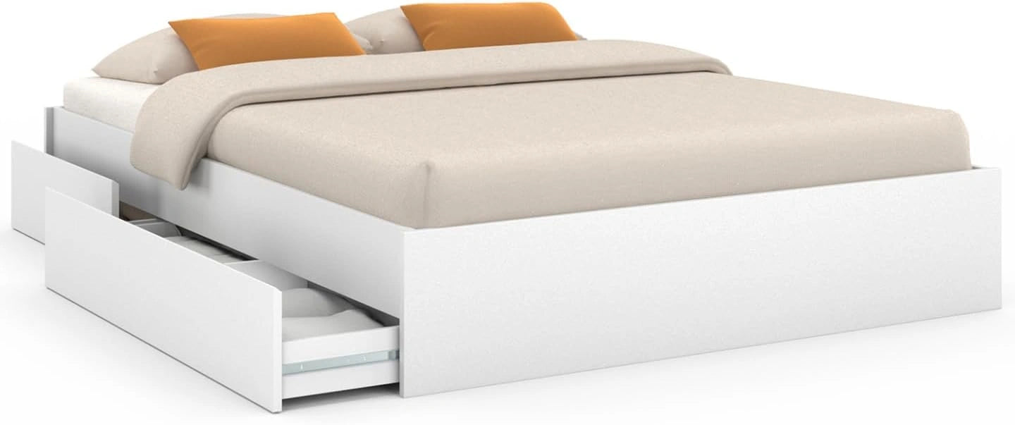 IDMarket - Lit Double TOMI avec 4 Tiroirs et Sommier 140x190 cm Blanc