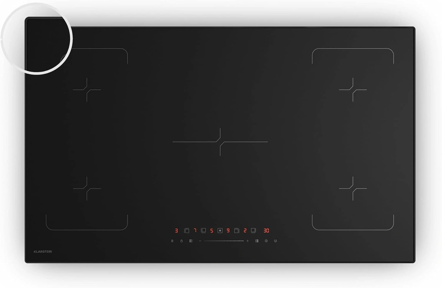 Klarstein Velaire Plaque à Induction 90cm - 5 Zones, 7200W avec Boost, Commande Tactile, Minuterie Intégrée, Sécurité Enfant, Indicateur de Chaleur Résiduelle, Plaque Encastrable Moderne
