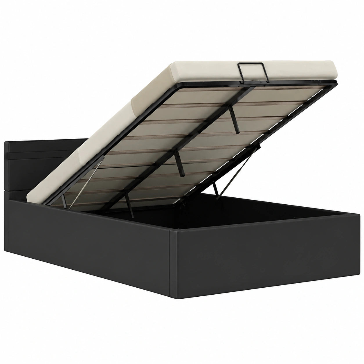 Lit-coffre hydraulique rabattable horizontal avec LED en similicuir noir 120x200 cm