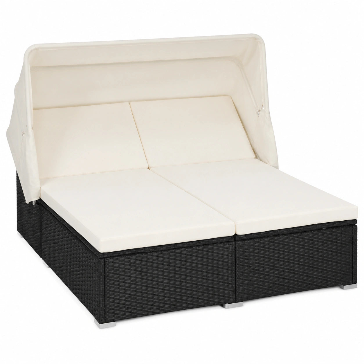 Lit de jardin double en polyrotin, coussins et toit ajustable