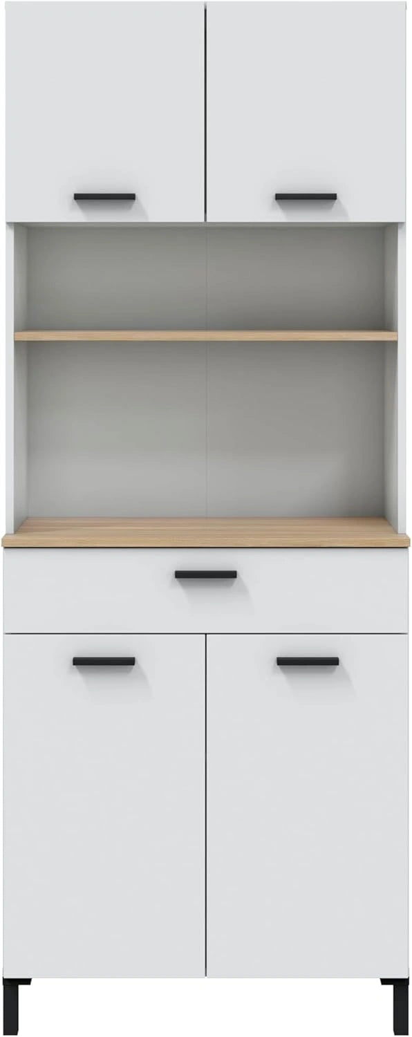 Armoire de Cuisine Kira 4 Portes 1 Tiroir, Blanc et Bois Naturel, 185 x 72 x 40 cm