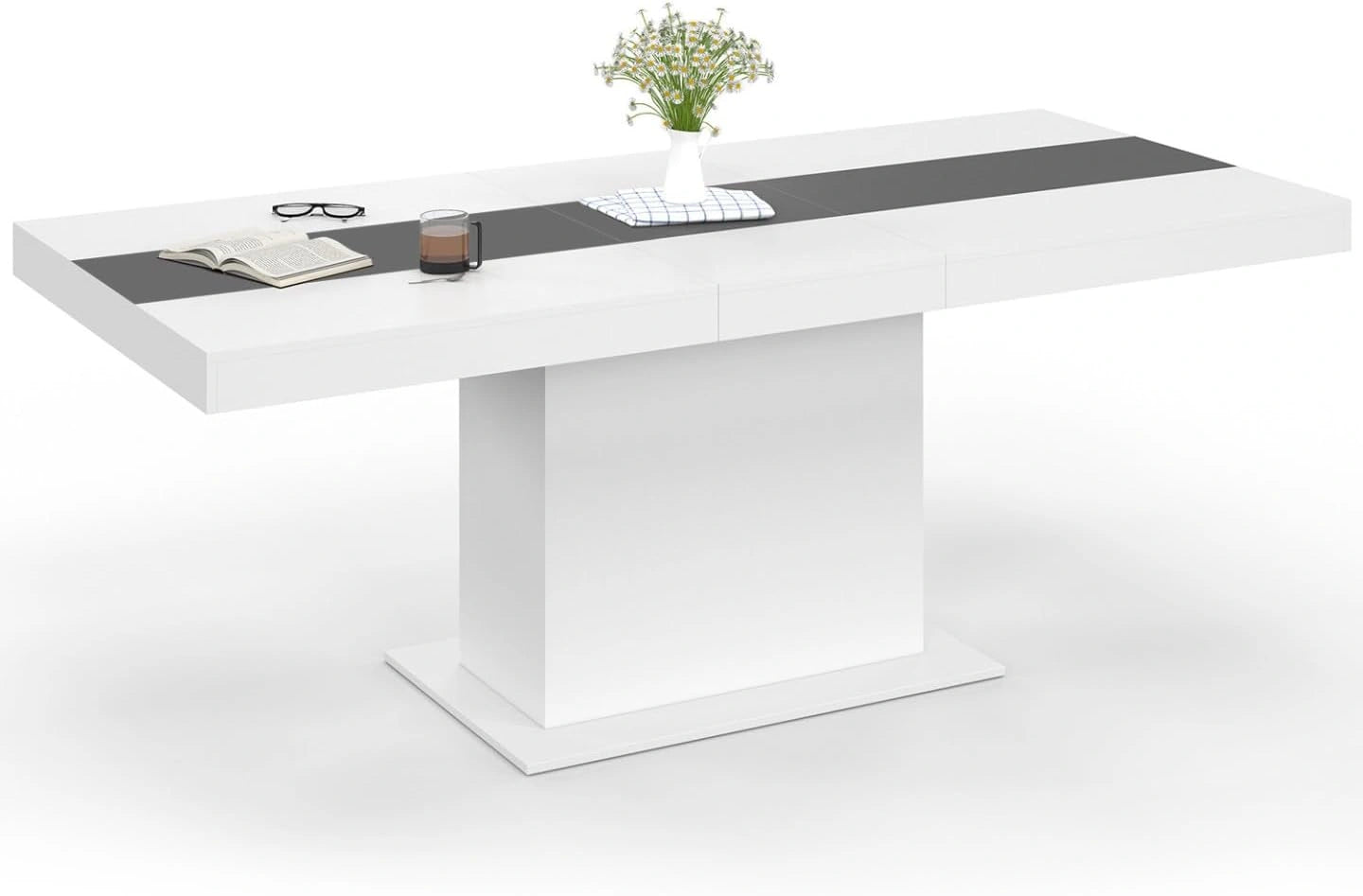 Table à Manger Extensible Eden pour 6 à 10 Personnes, Blanche avec Bande Grise, 160-200 cm