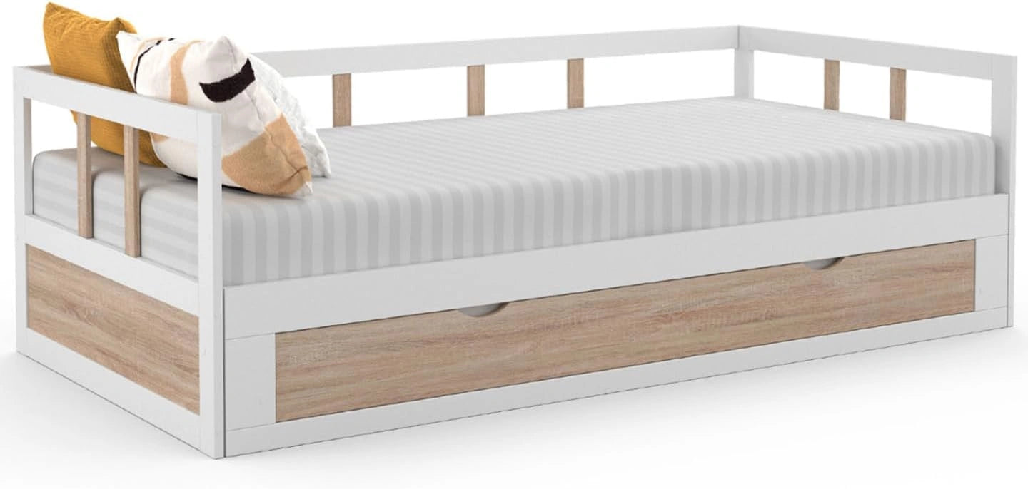 IDMarket - Canapé-lit Zoya 90x190 cm Convertible Blanc/Hêtre avec Tiroir de Rangement