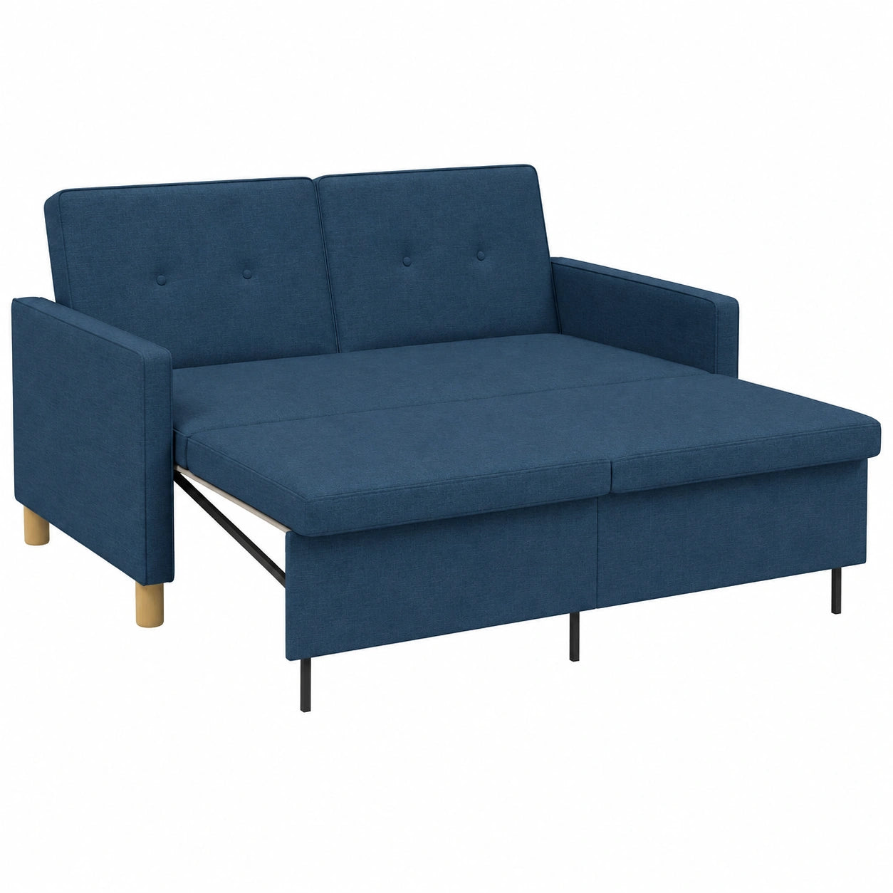 Sofa convertible 2 places avec dossier ajustable et pieds pliables, tissu bleu