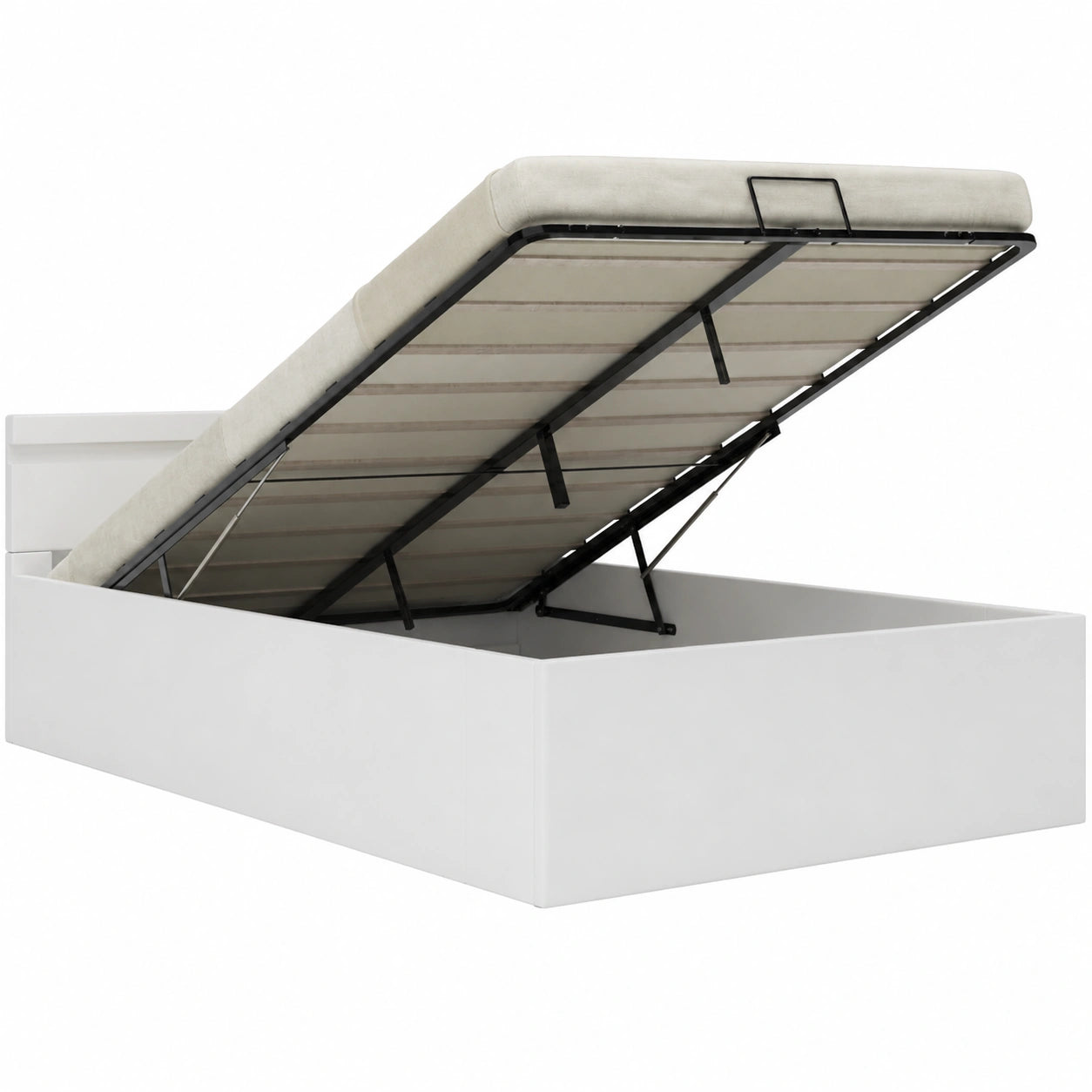 Lit coffre horizontal avec LED en cuir synthétique blanc 140 x 200 cm