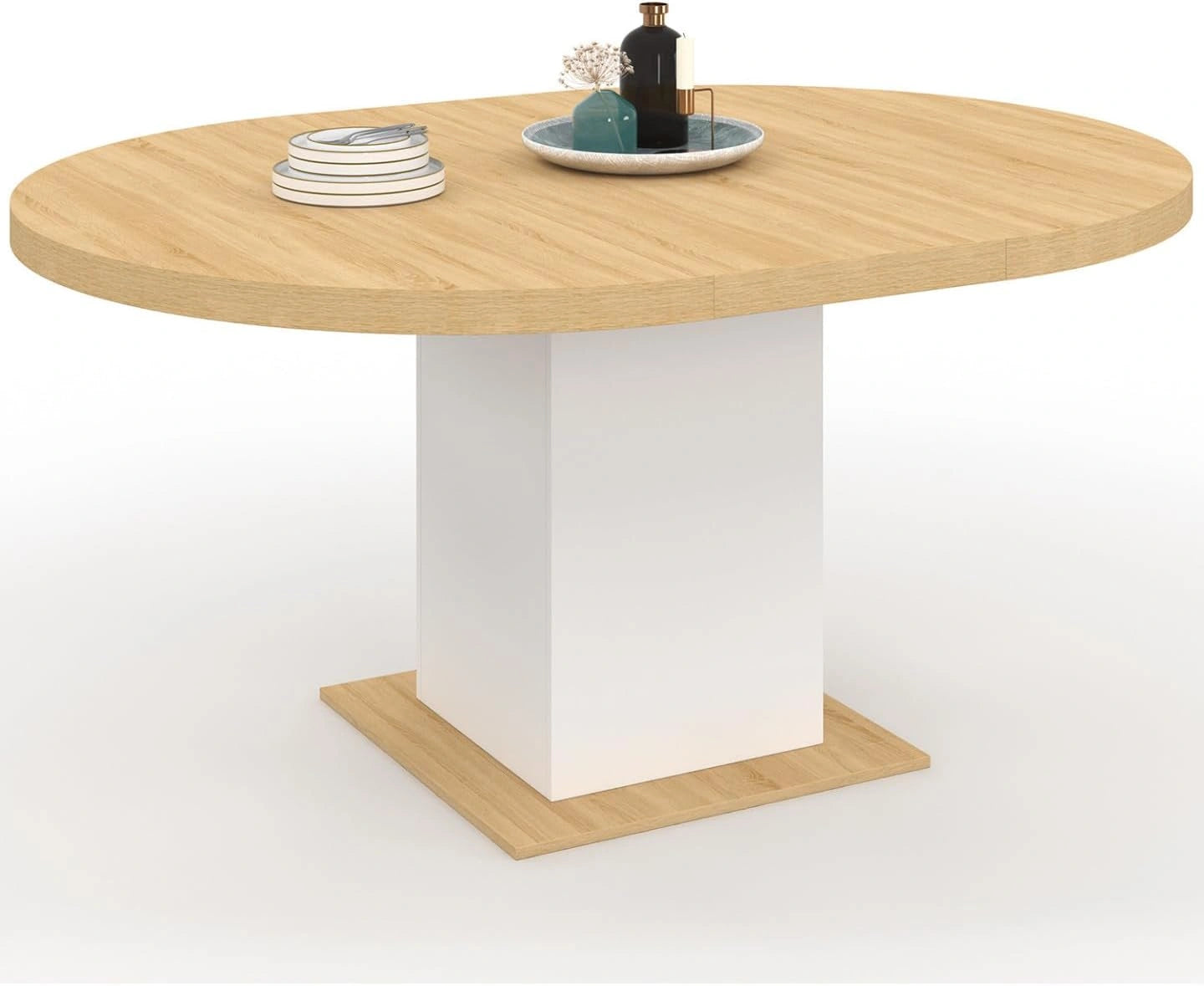 Table à Manger Ronde Extensible Eden pour 4 à 8 Personnes en Bois et Blanc 120 à 160 cm
