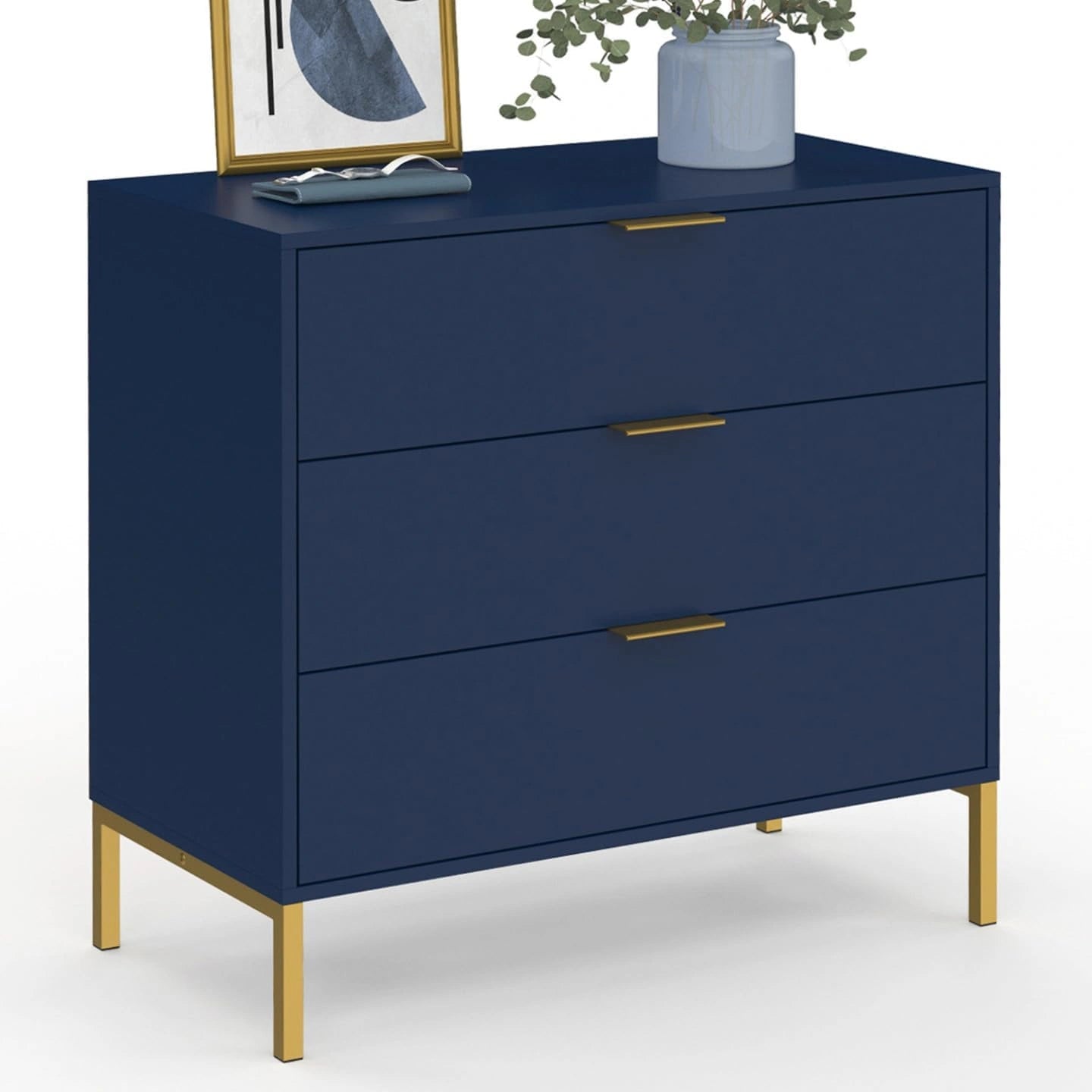 Commode 3 Tiroirs Bleu Nuit avec Dorures - BLENIA 80 cm