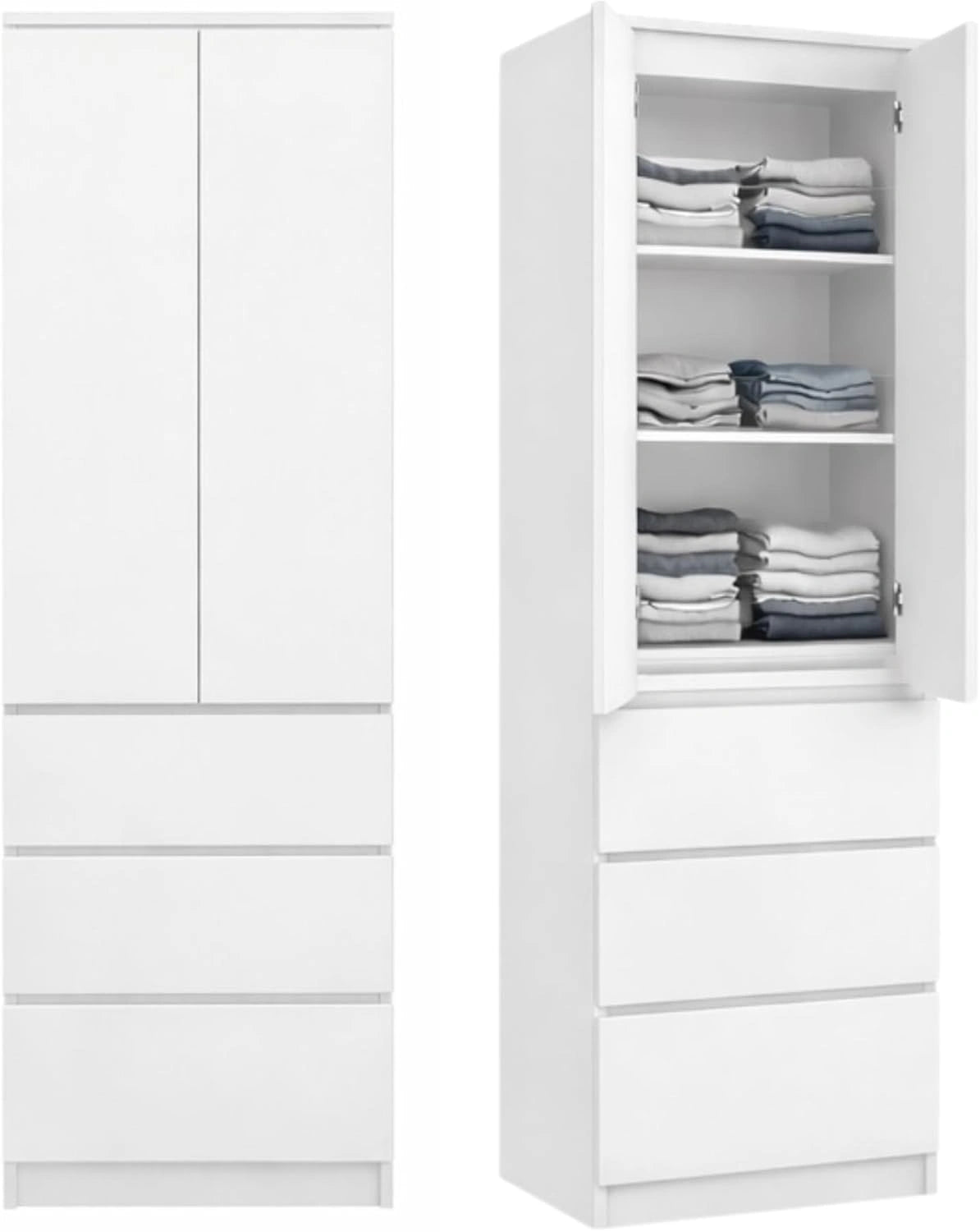 Armoire 2 Portes, 3 Étagères et Tiroirs pour Chambre ou Bureau - Blanc, 50x40x180 cm