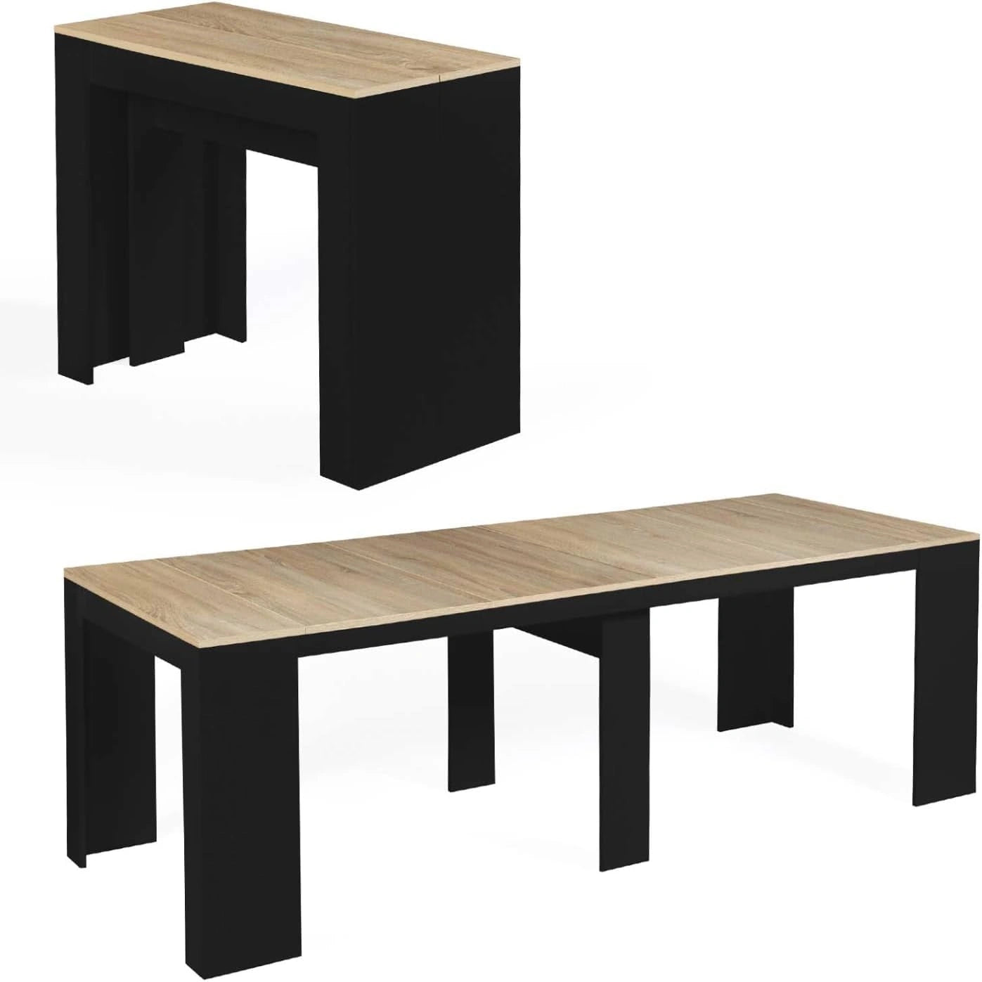 Table Console Extensible Orlando 10 Personnes, 235 cm, Bois Noir et Effet Hêtre - IDMarket