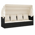 Chaise longue de jardin inclinable avec pare-soleil et coussin, rotin synthétique, cadre en acier, noir et crème, 203 x 65 x 127 cm