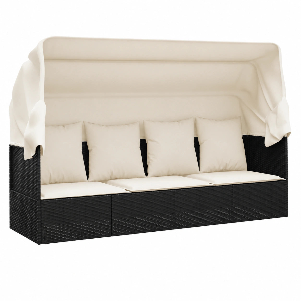 Chaise longue de jardin inclinable avec pare-soleil et coussin, rotin synthétique, cadre en acier, noir et crème, 203 x 65 x 127 cm