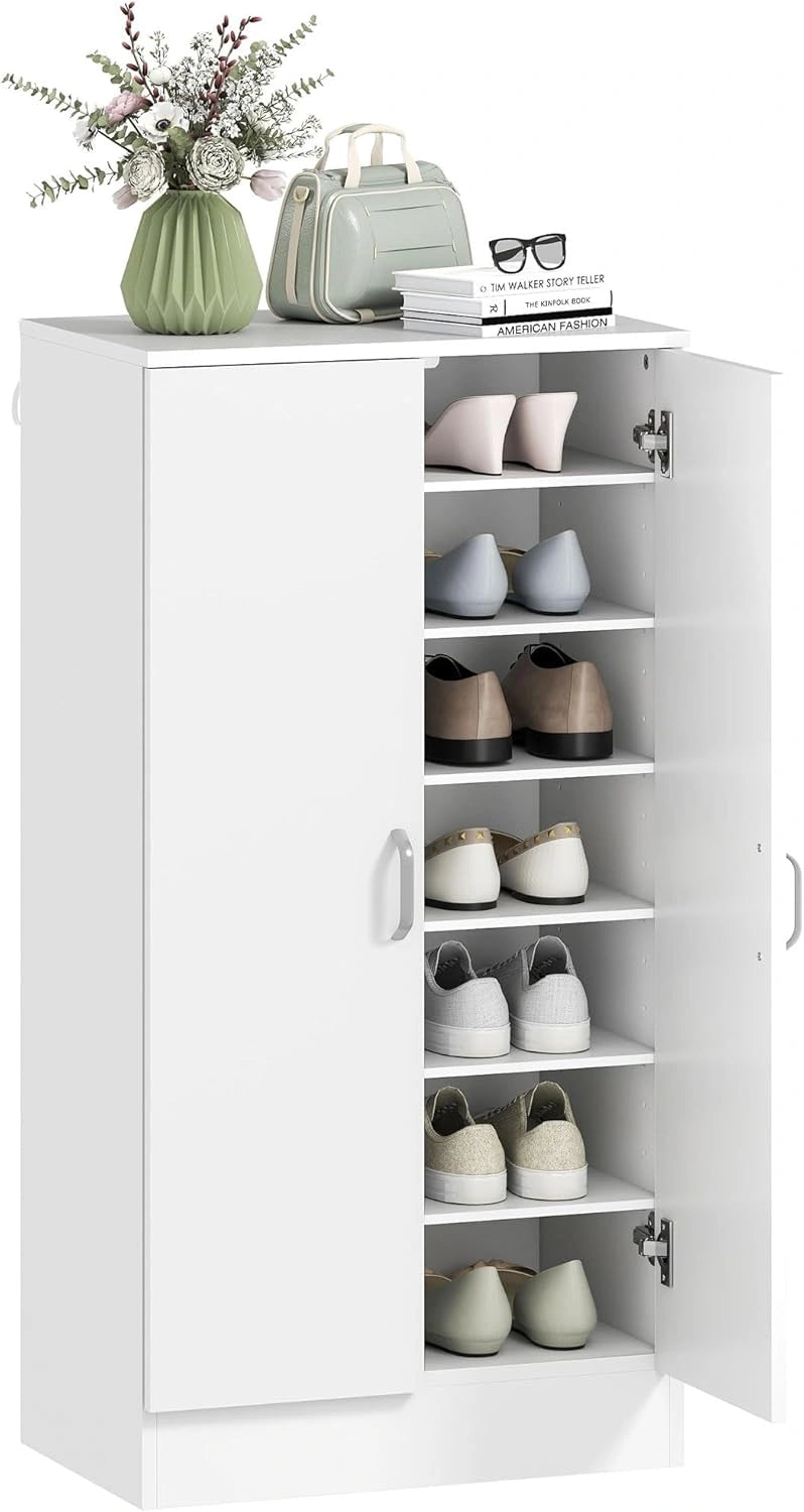 Meuble à Chaussures avec Portes, Étagères Réglables pour 14 Paires, 55x35x108 cm, Blanc