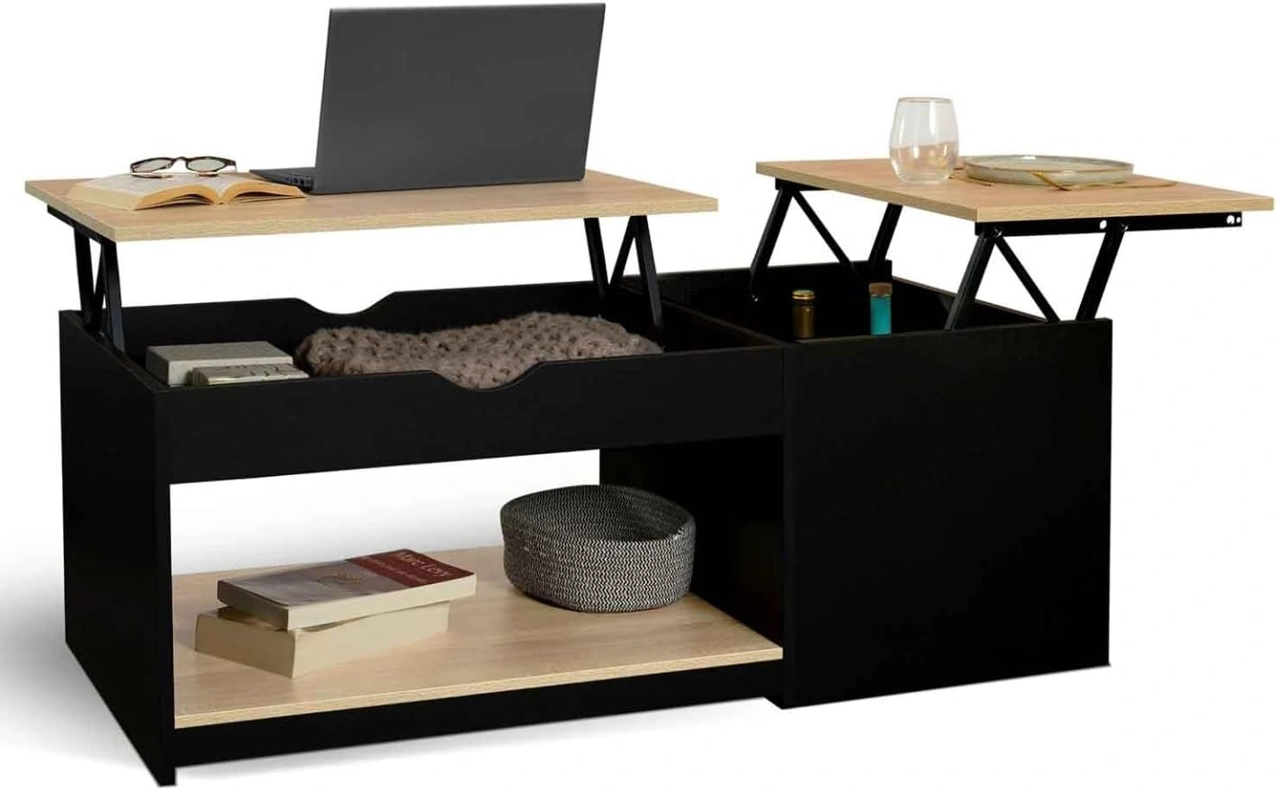Table basse relevable EYLA avec rangements - Bois noir et imitation hêtre