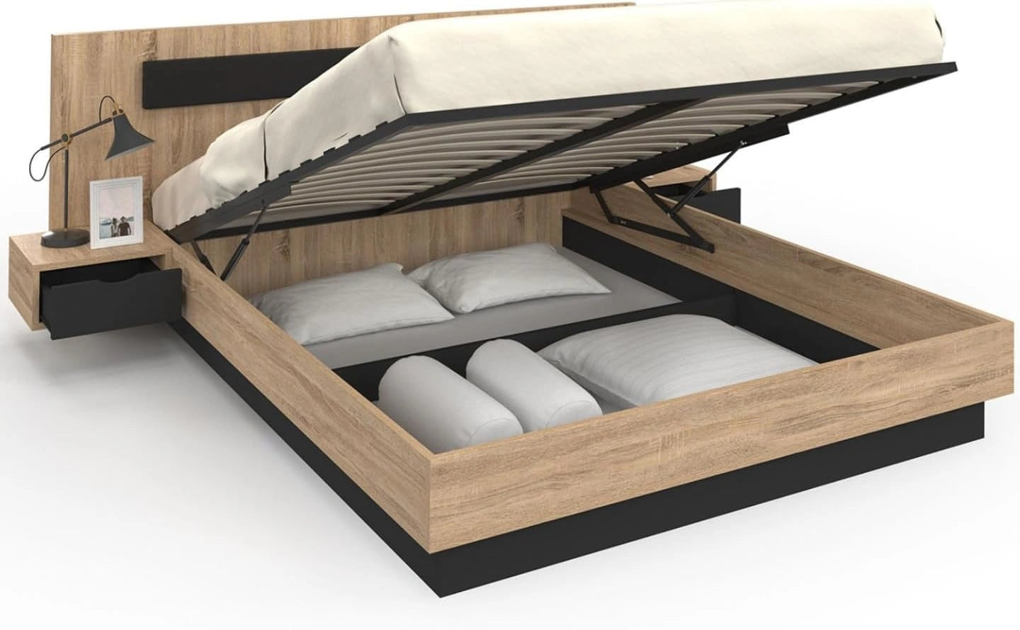 Lit Coffre Double avec Tête de Lit et Tables de Chevet Intégrées, Sommier 160x200 cm, Bois et Noir
