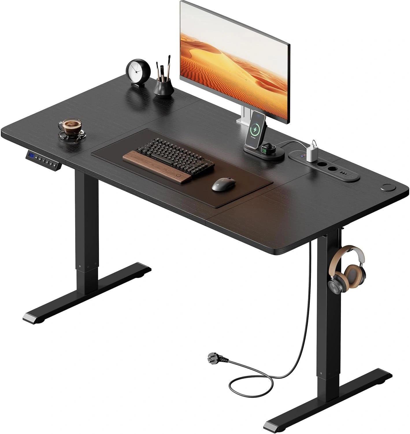 Bureau Électrique Réglable avec Port USB et Mémoire, 120 x 60 cm, Noir