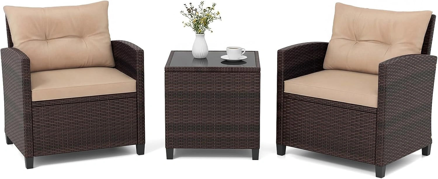 Ensemble de Jardin en Rotin pour 2 Personnes - Fauteuils avec Coussins Amovibles et Table Basse en Verre Trempé