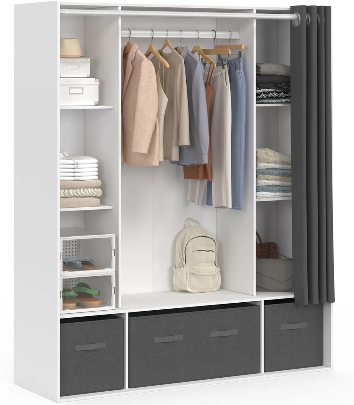 Armoire Double DIANE 140x45x167 cm Blanche avec Étagères, Boîtes de Rangement et Rideau Gris