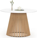 Table à Manger Ronde 110 cm pour 6 Personnes avec Pied en Bois et Plateau Blanc