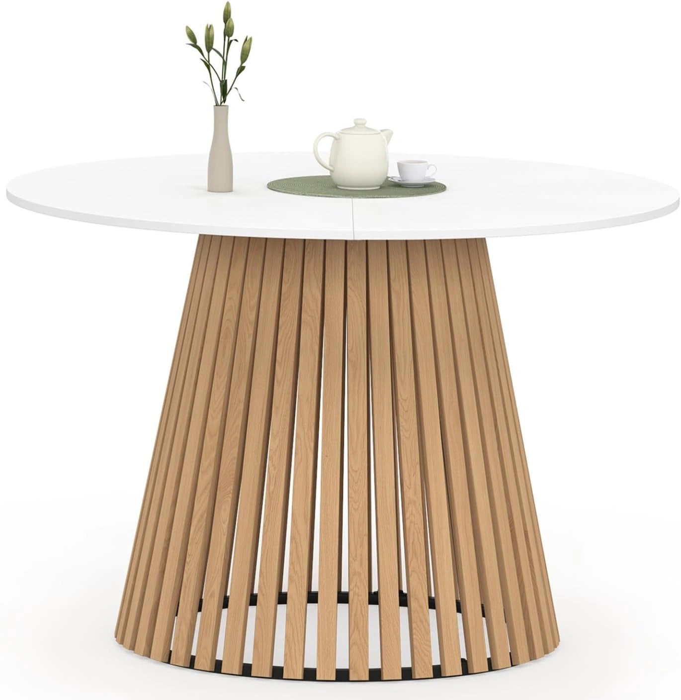 Table à Manger Ronde 110 cm pour 6 Personnes avec Pied en Bois et Plateau Blanc