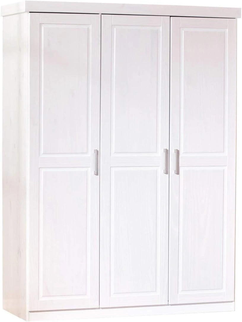 Armoire en Pin Massif Blanc avec Penderie et 5 Niches, 3 Portes, 140x55x190 cm