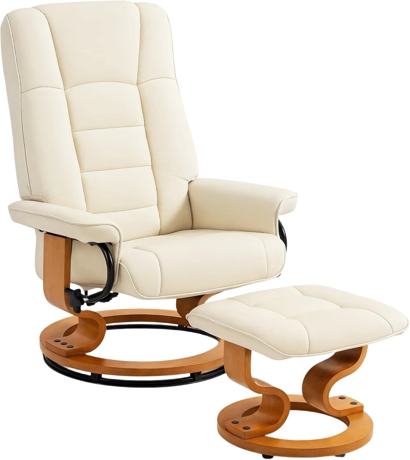 Fauteuil Relax Inclinable avec Repose-Pied Pivotant - Bois et Similicuir Crème 76 x 85 x 104 cm