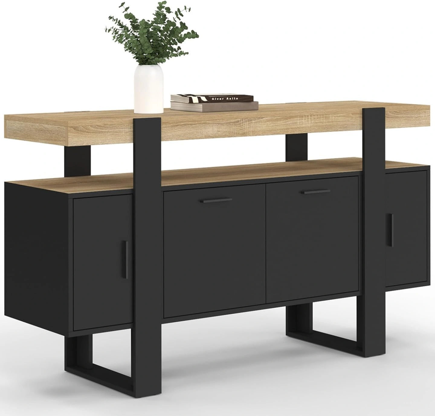 Buffet Noir Phoenix 140 cm à 4 Portes avec Plateau en Bois