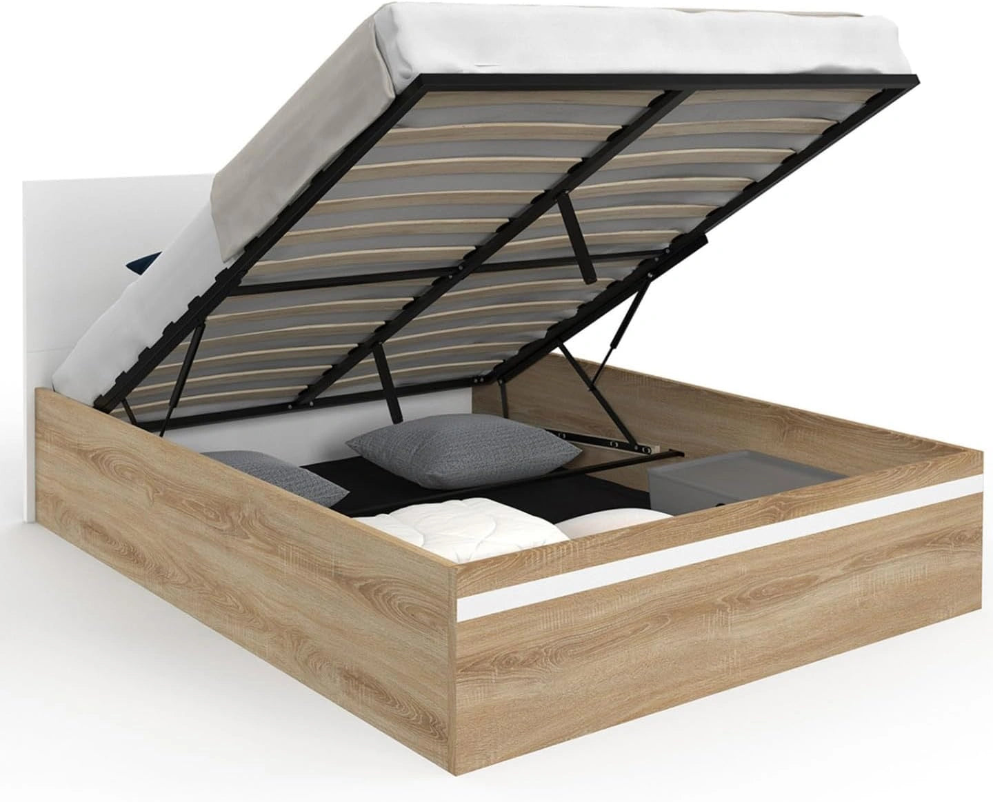 Lit Coffre Double Seaside 140x190 cm avec Tête de Lit et Sommier, Finition Hêtre et Blanc
