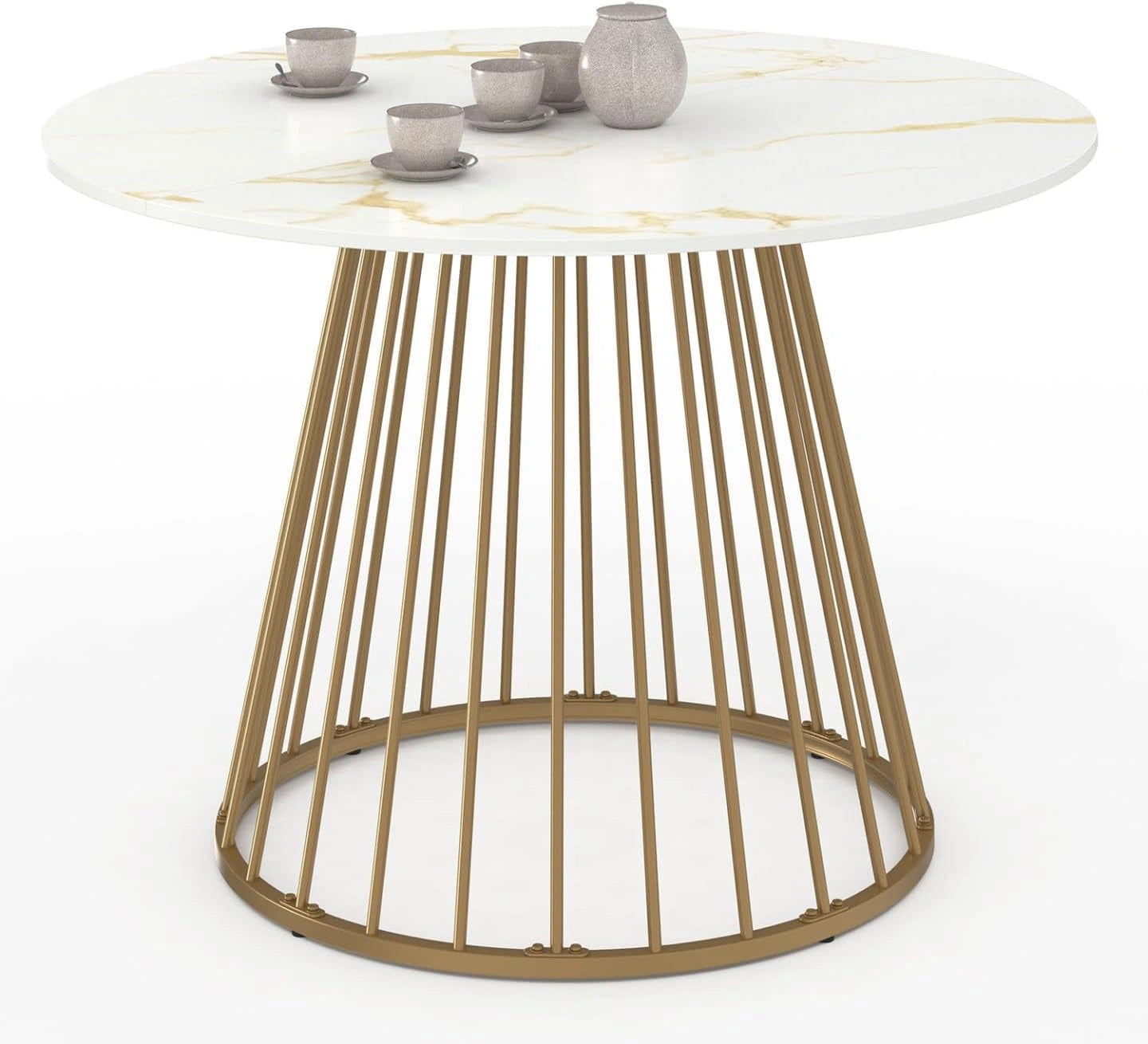 Table Ronde 6 Personnes Yuna avec Pied Laiton et Plateau Marbre Blanc 110 cm