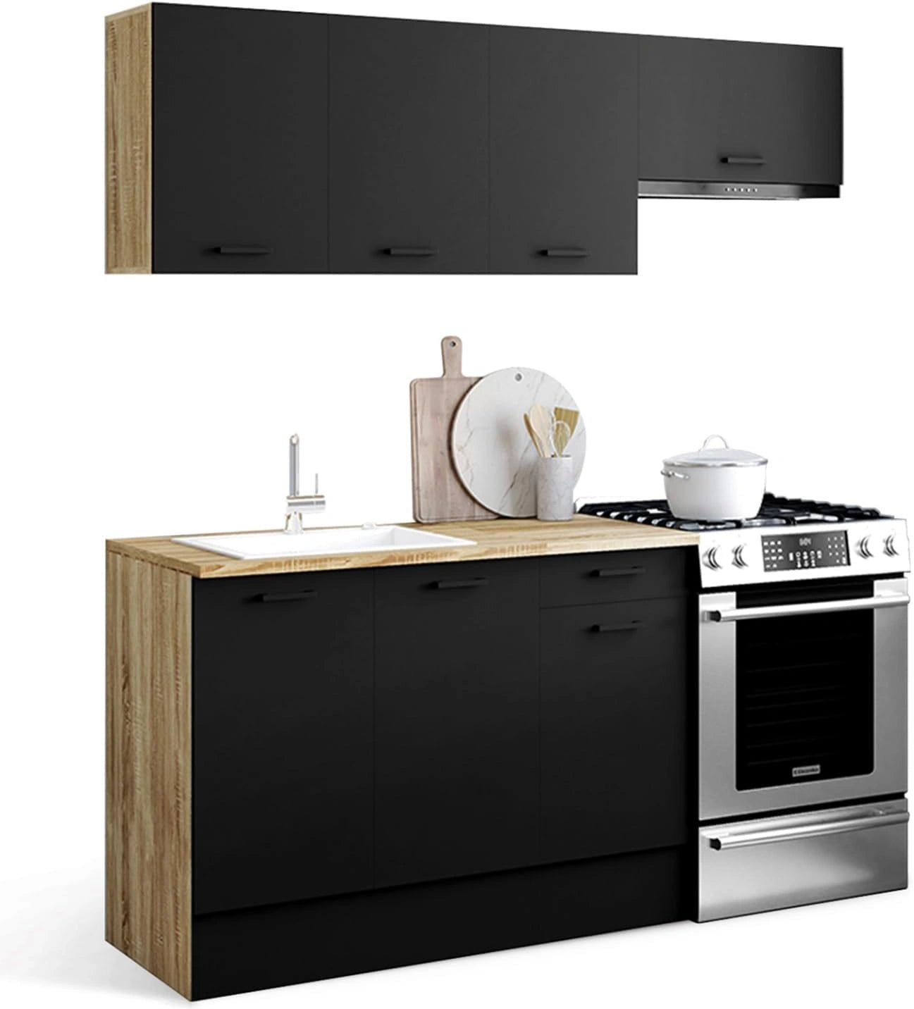 Ensemble de Cuisine Moderne 180 cm avec Plan de Travail Bois et Noir