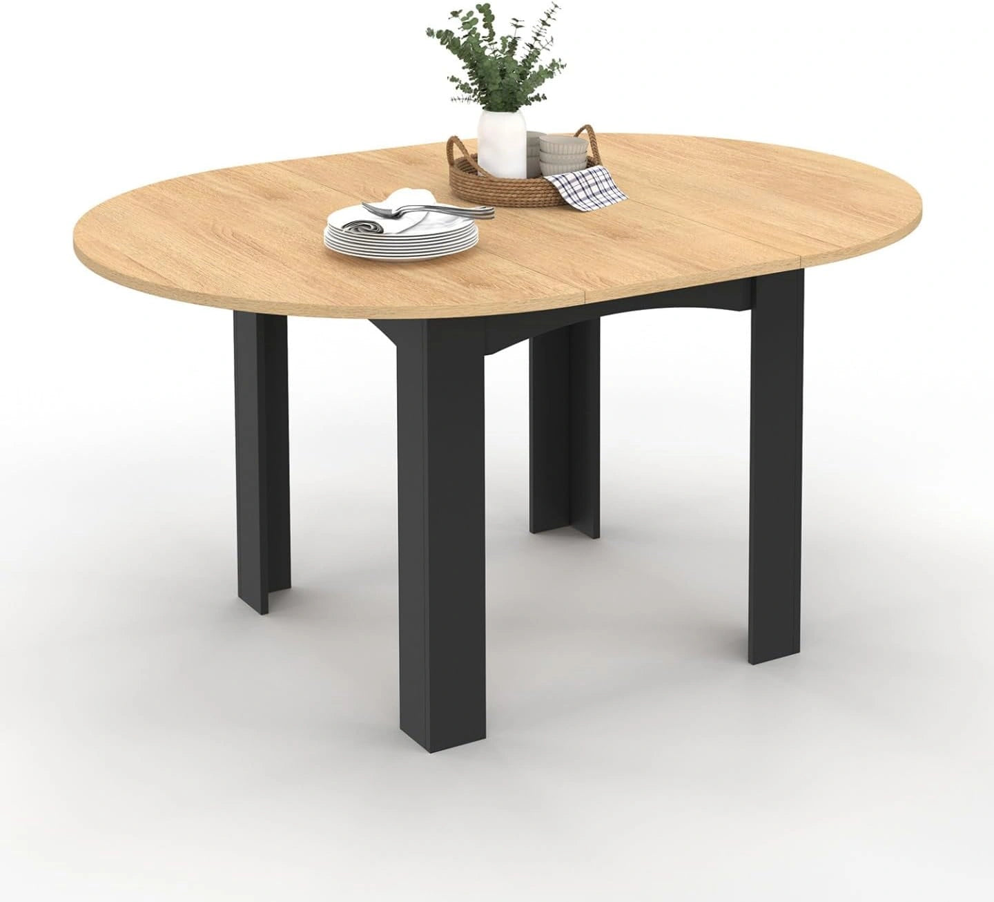 Table à Manger Extensible Ronde 4-8 Personnes Noir 110-150 cm avec Plateau Effet Hêtre
