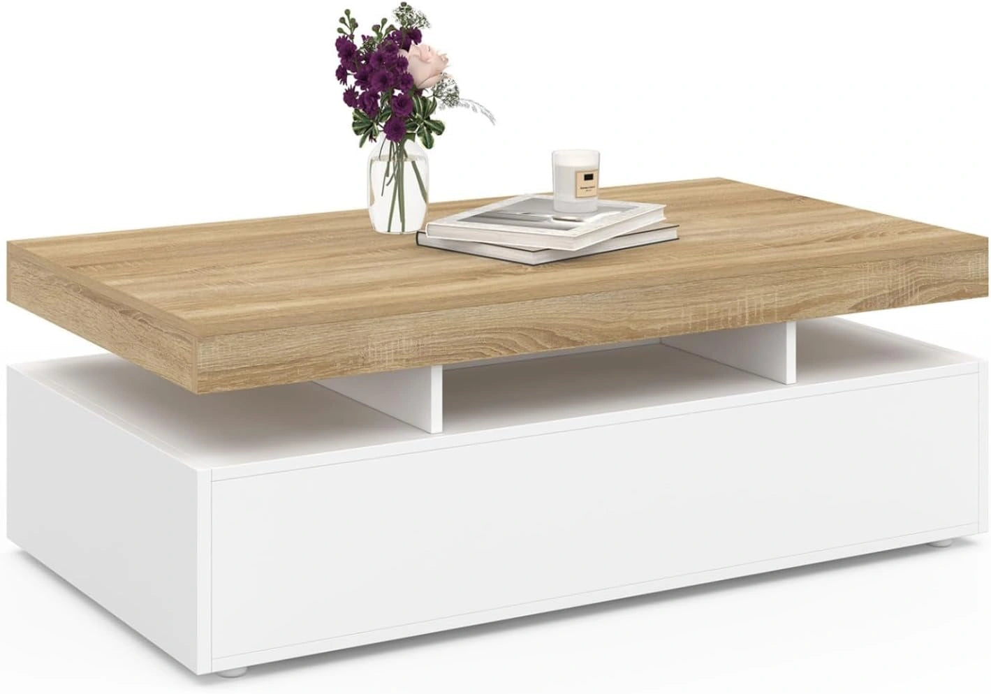 Table basse Elsa en bois blanc avec deux tiroirs et plateau effet hêtre