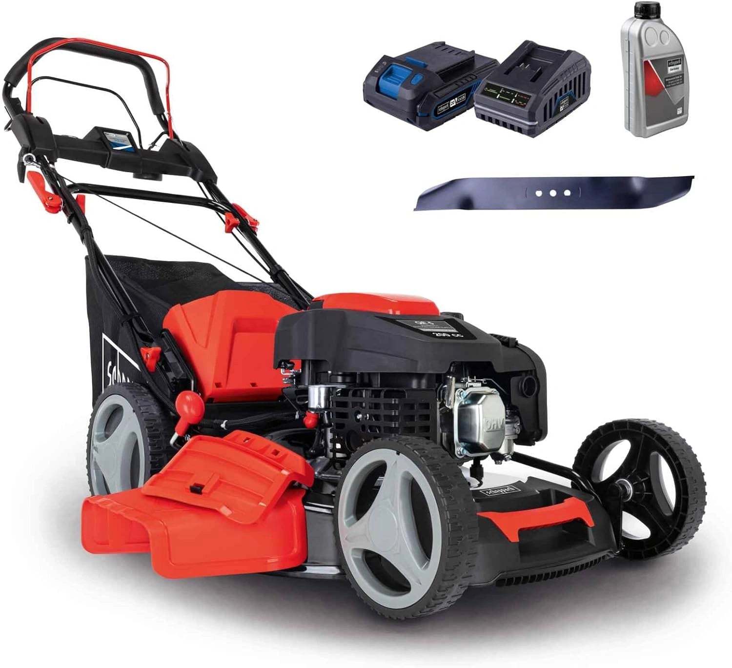 Tondeuse à Gazon Hybride Scheppach 224 cm3, 53 cm, Batterie et Chargeur Inclus