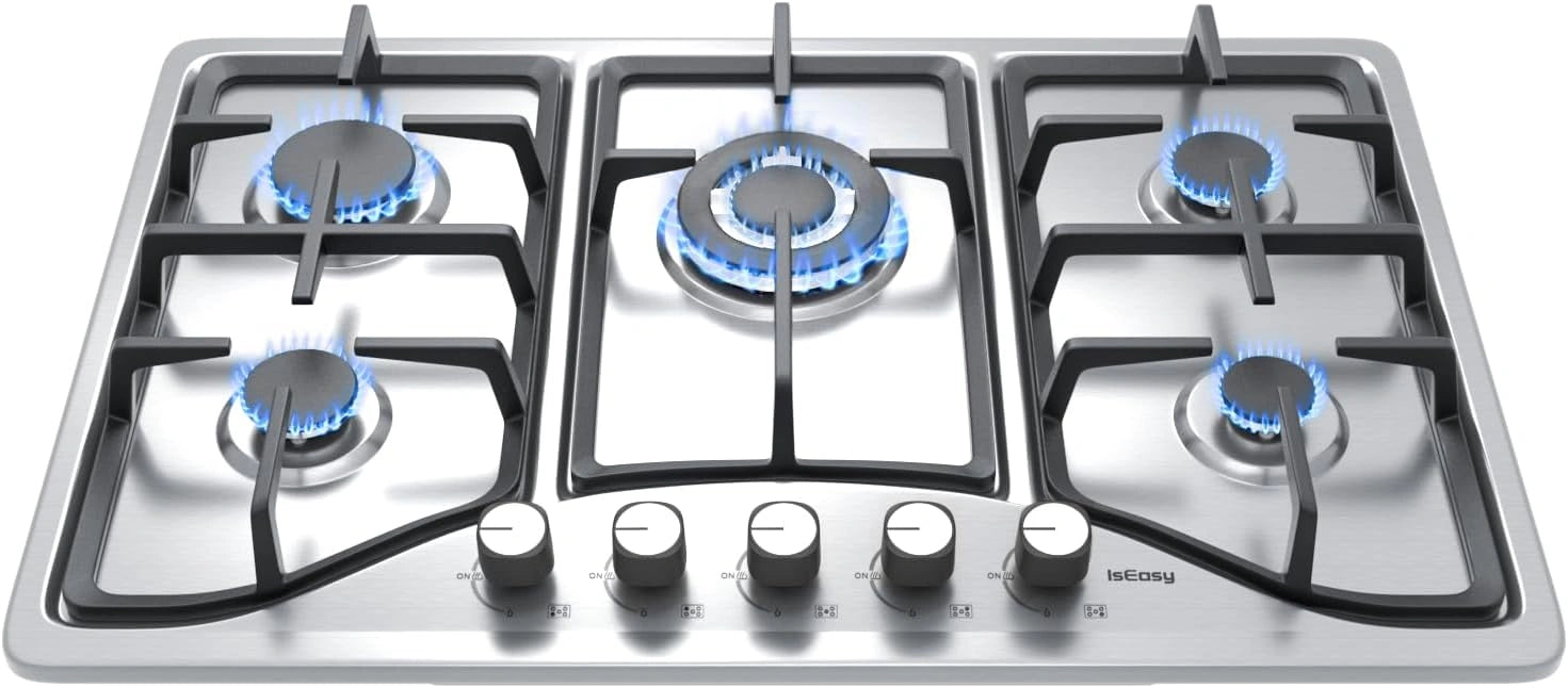 IsEasy Plaque de Cuisson 5 Feux Inox Encastrable pour Gaz de Ville et Bouteille