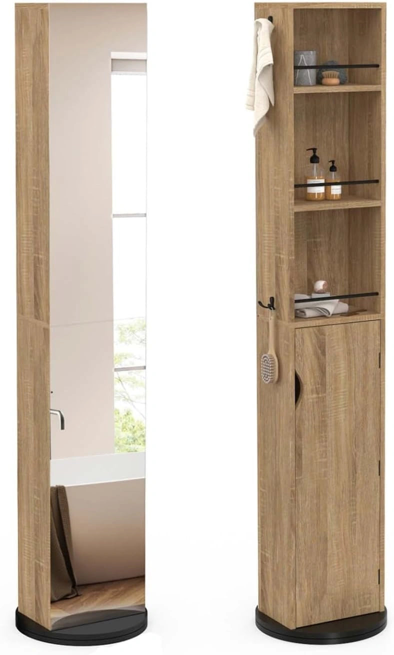 Armoire Colonne Pivotante de Salle de Bain ELIA avec Miroir, Rangement et Étagères - Hêtre et Noir