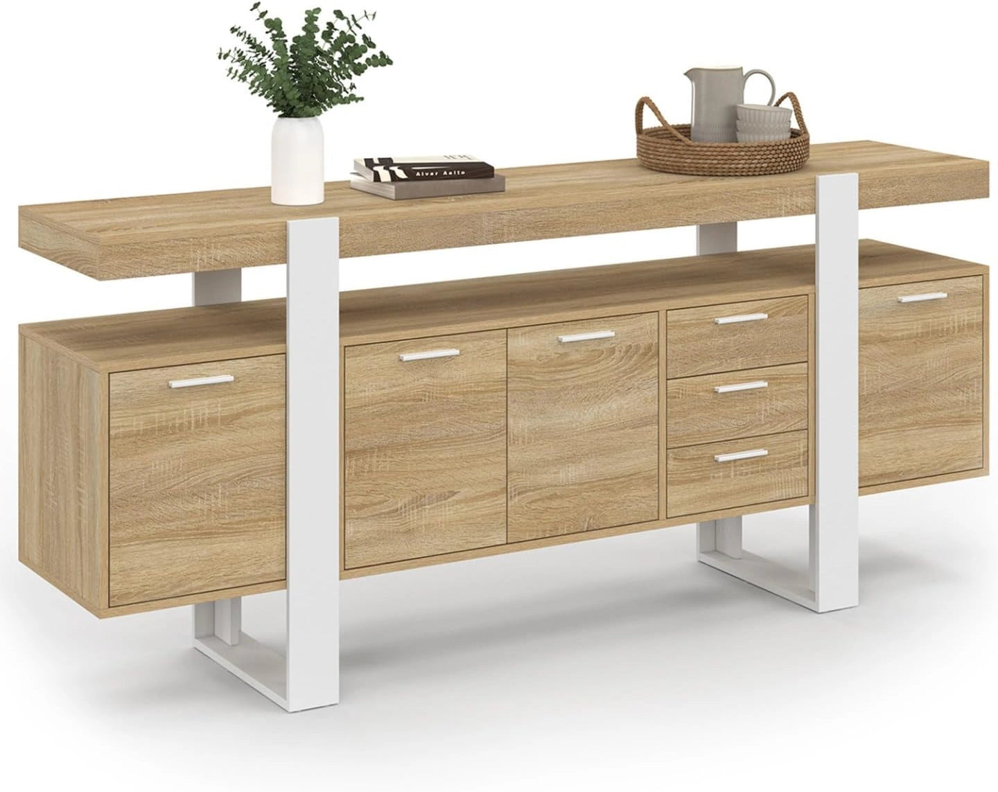 Buffet Phoenix XXL 180 cm avec 4 portes et 3 tiroirs - Bois et Blanc
