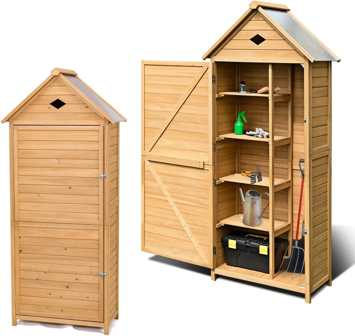 Abri de Jardin en Bois Imperméable avec 5 Étagères, Cabane Extérieure Résistante, Toit à Pignon, 80 x 45 x 177 cm