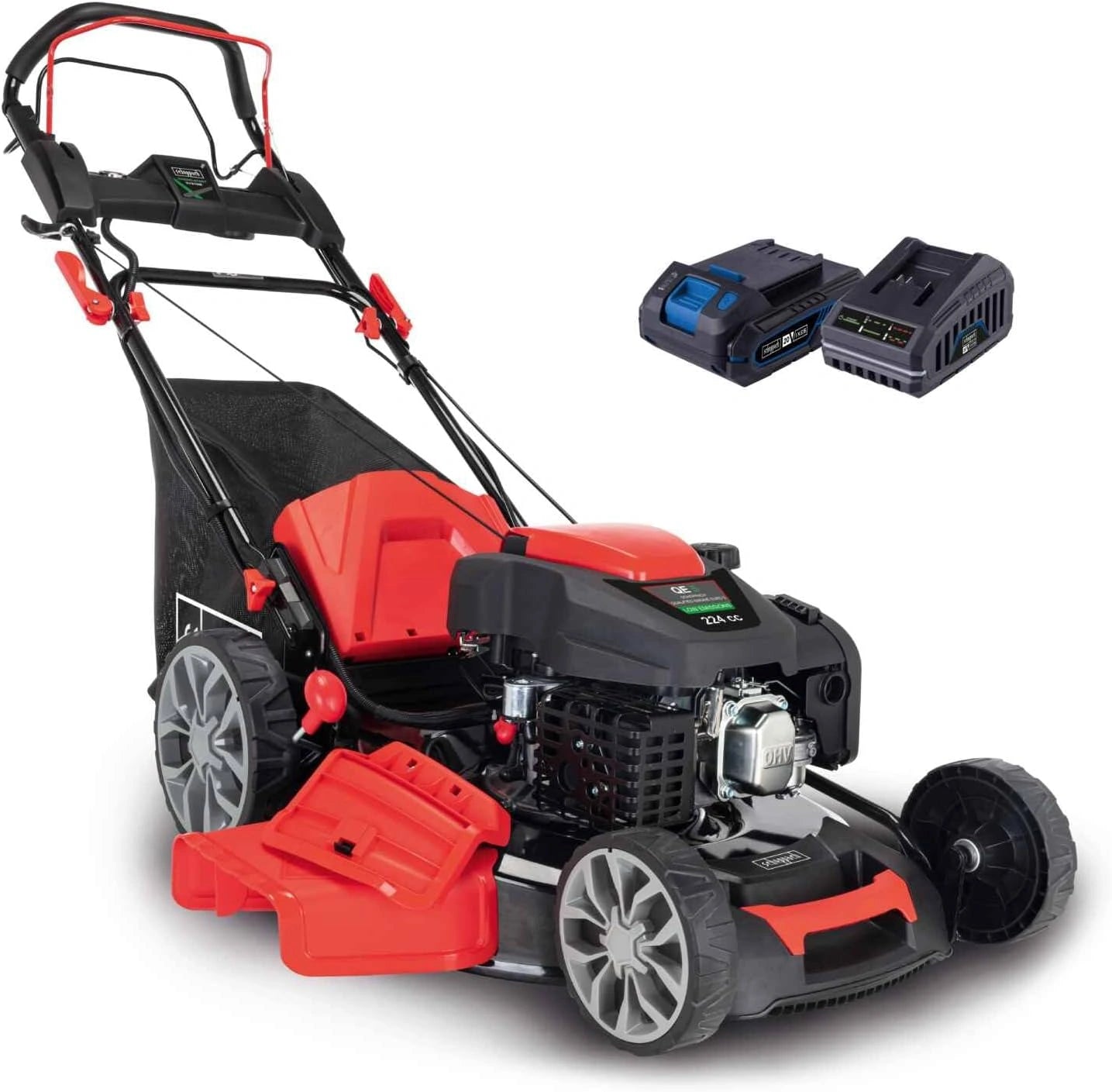 Tondeuse à Gazon Hybride Scheppach MS225-56E - Puissante Essence 4 Temps 6 CV, 56 cm