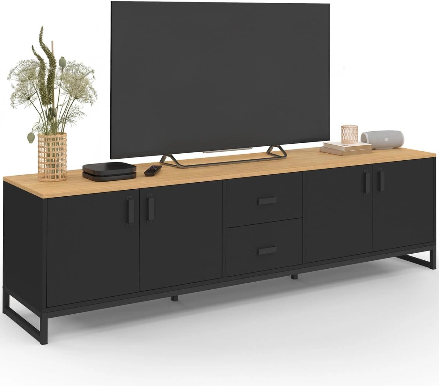 Meuble TV Washington 180 cm avec 4 Portes et 2 Tiroirs en Bois et Noir