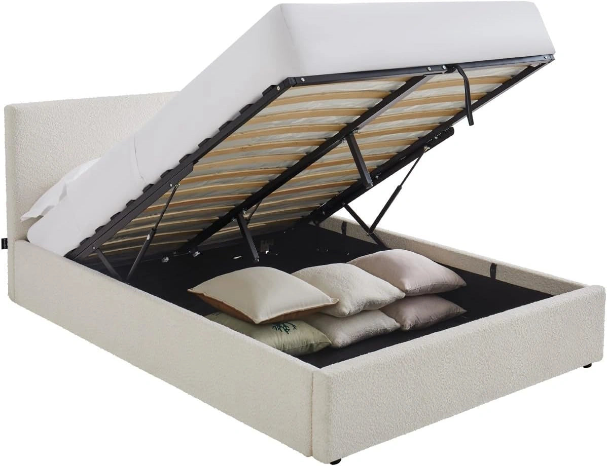 Lit Coffre 140x190 cm en Tissu Bouclé Beige avec Tête de Lit Matelassée et Sommier - Modèle Tina