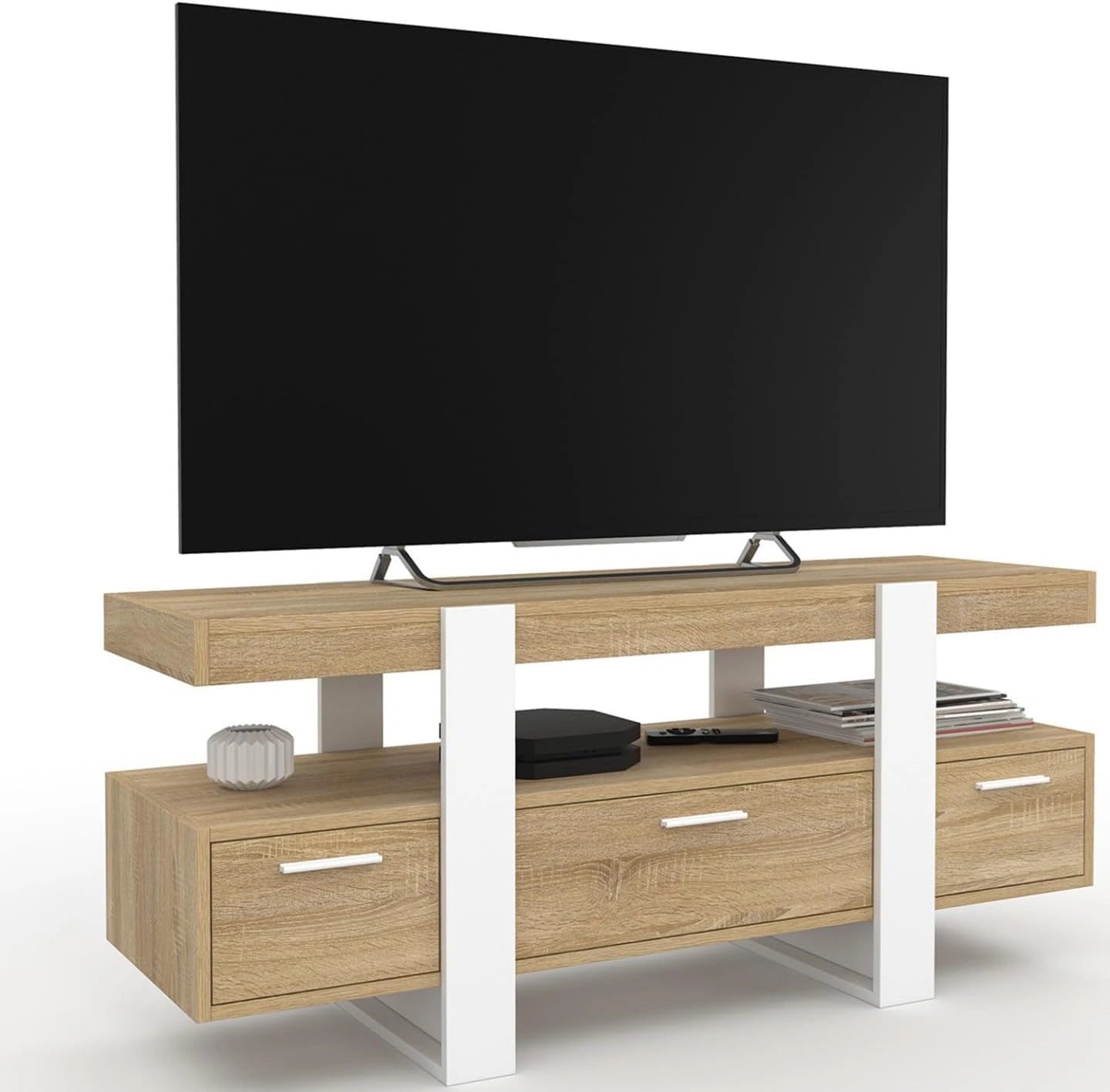 IDMarket - Meuble TV Phoenix 116 cm avec Tiroirs en Bois et Blanc