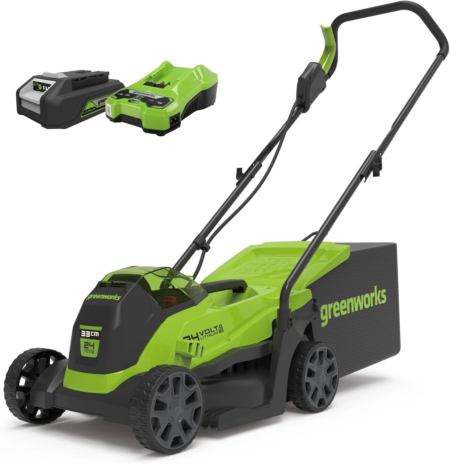 Tondeuse à Gazon Sans Fil 24V Greenworks pour Pelouses jusqu'à 140m², 33 cm, Sac 30L, Batterie et Chargeur Inclus
