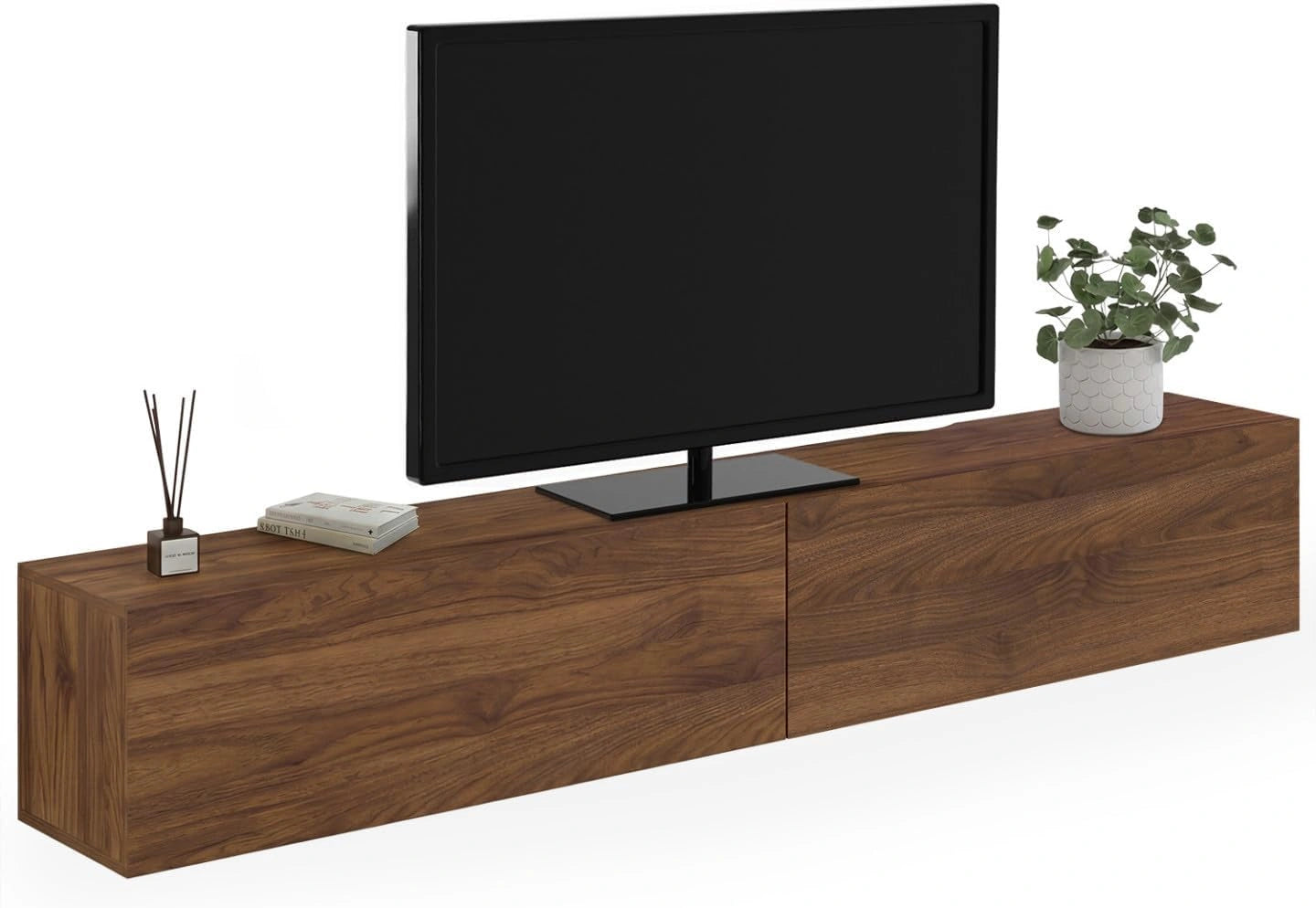 Meuble TV Suspendu 180 cm Elio avec Effet Noyer et 2 Portes