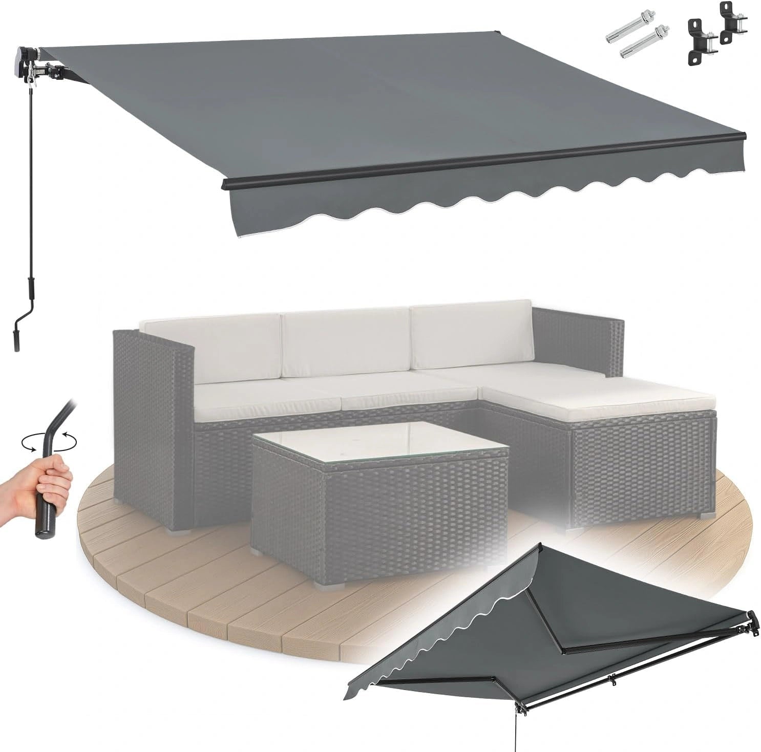 Auvent Extensible 350x300 cm - Store Banne pour Terrasse et Balcon - Protection Solaire avec Manivelle - Couleur Grise