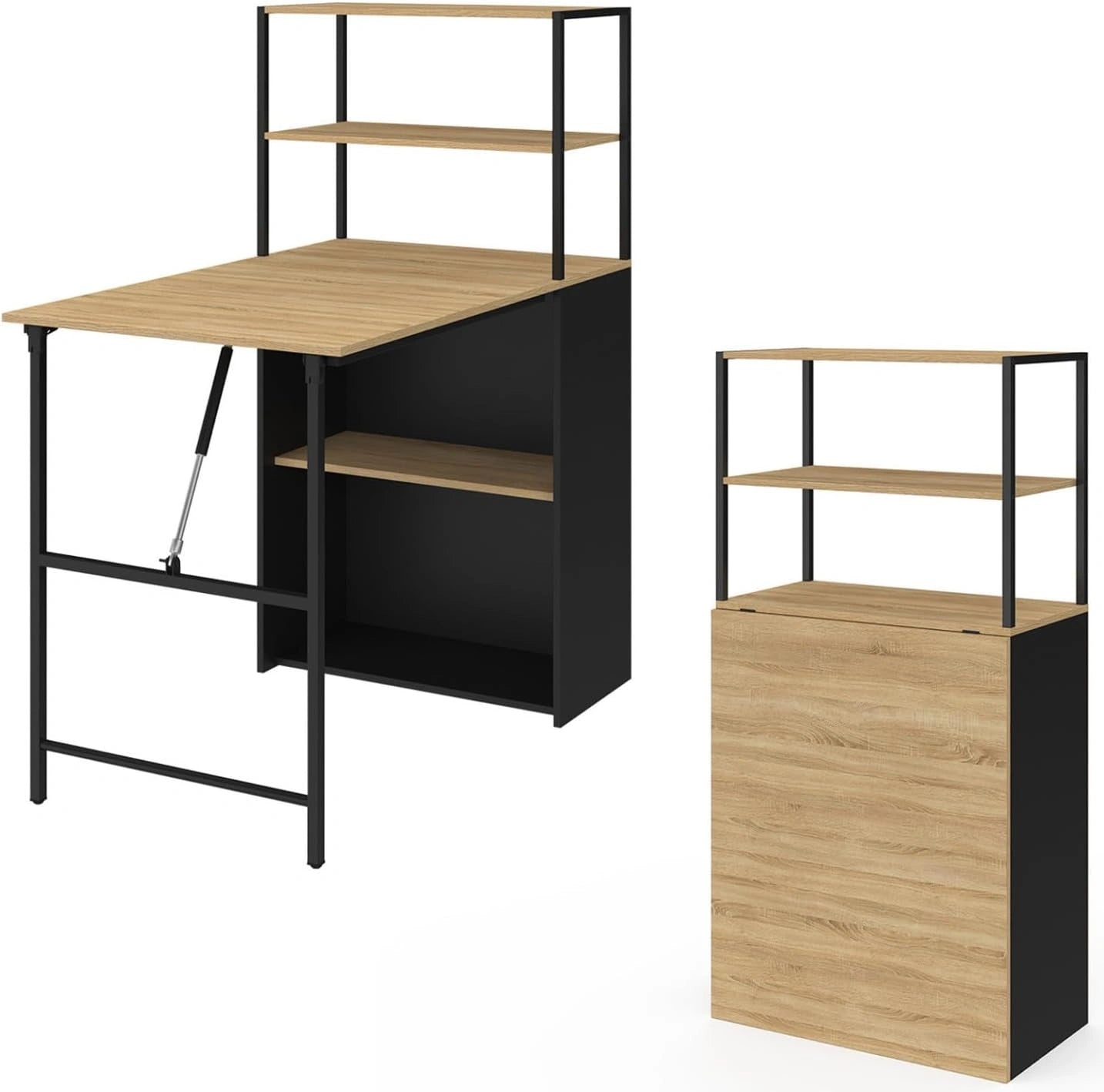 IDMarket - Bureau pliable avec étagères, plateau rabattable en bois de hêtre et noir