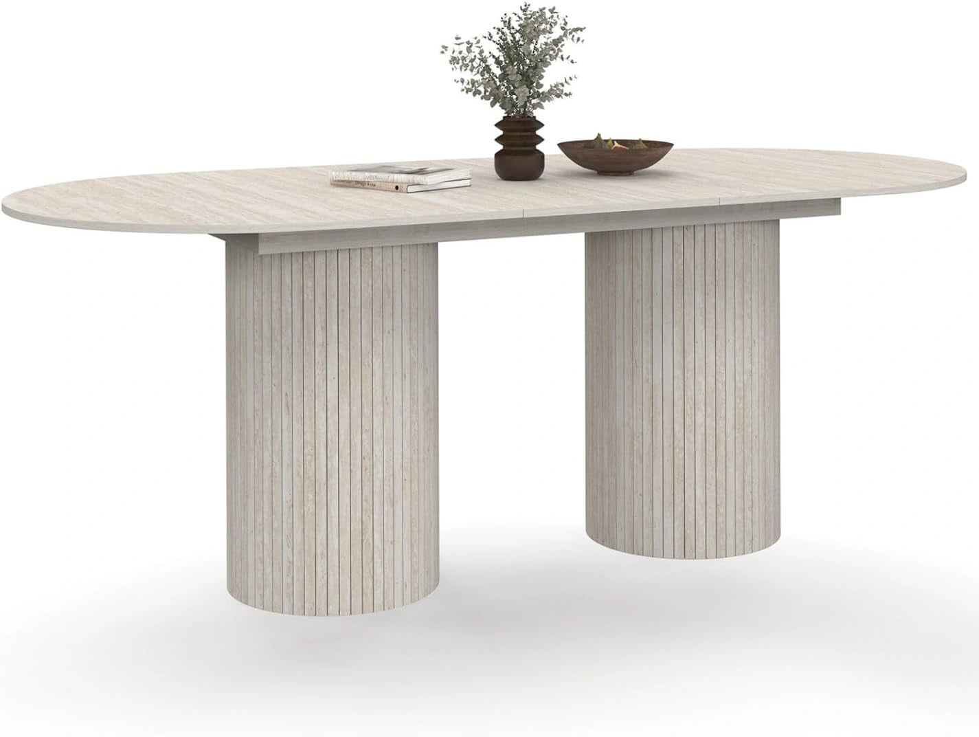 Table à Manger Ovale Extensible Juliette 6-10 Personnes - Pieds Cylindriques et Plateau Effet Travertin