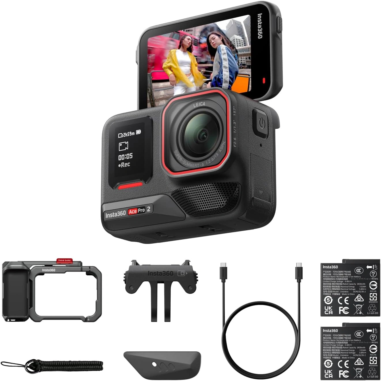 Caméra d'Action Insta360 Ace Pro 2, 8K, Étanche, Co-Conception Leica, Double Batterie