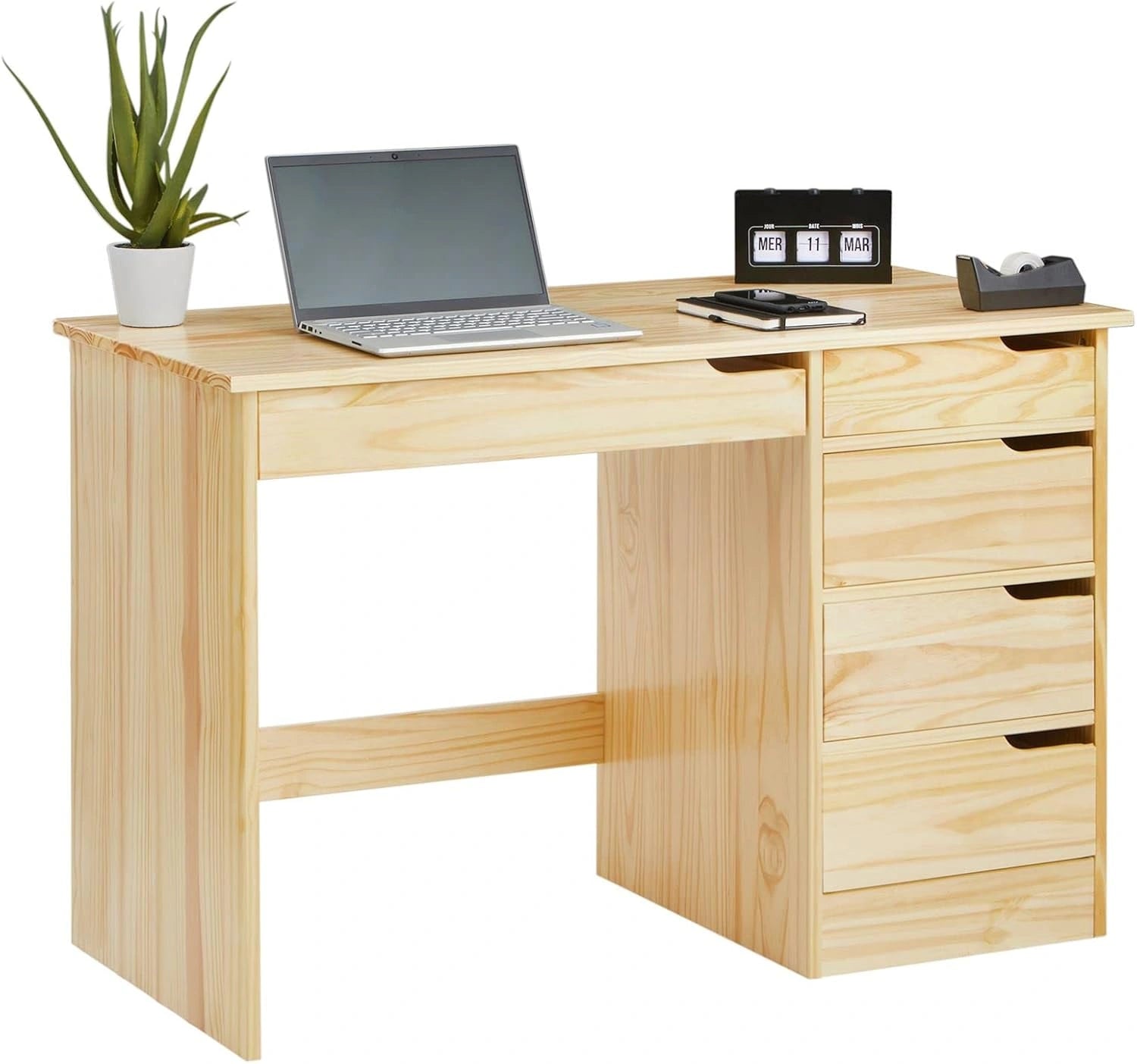 Bureau Scandinave en Pin Massif avec 5 Tiroirs, Design Épuré