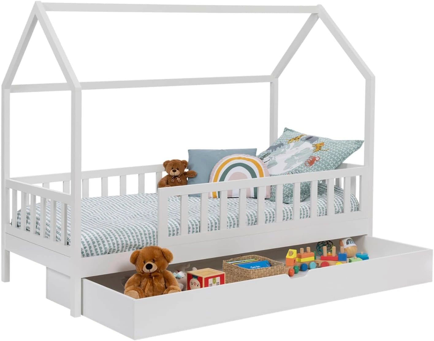 IDMarket - Lit Cabane Enfant Blanc 80x160 cm avec Tiroir Gigogne et Rangement