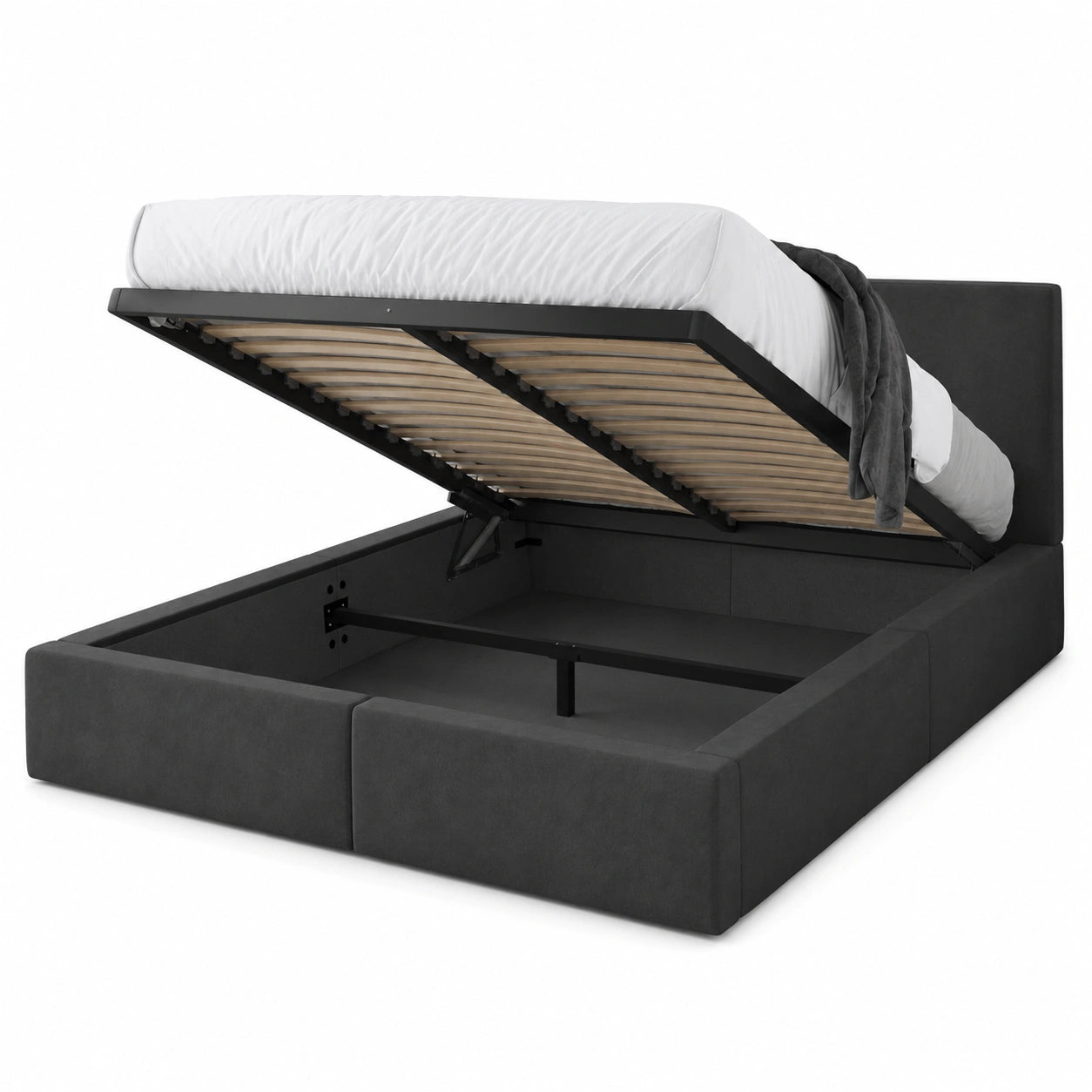 Cadre de lit rembourré avec rangement intégré et sommier en métal, sans matelas, double, gris 140x200