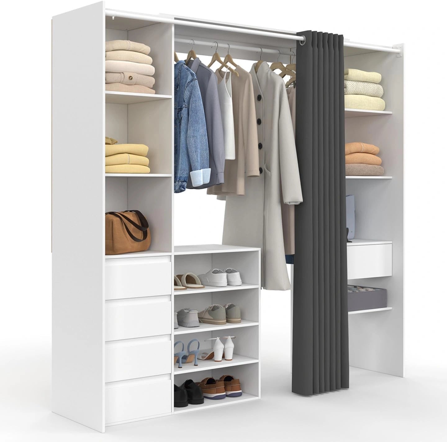 Garde-robe Extensible Double XXL MERYL Blanc avec Tiroirs, Étagères et Rideau Gris 120/180 cm